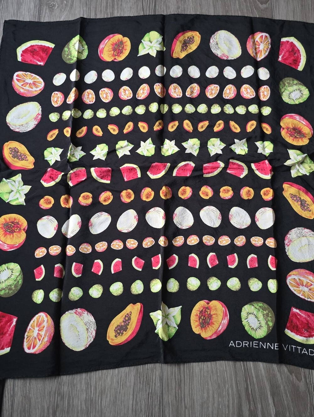 Adrienne Vittadini Vintage 90s Silk Scarf Fruit Print Black Square Neckerchief